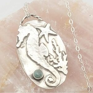SEA HORSE TURQUOISE PENDANT HANDMADE IN STERLING SILVER METAL ABOUT 2"